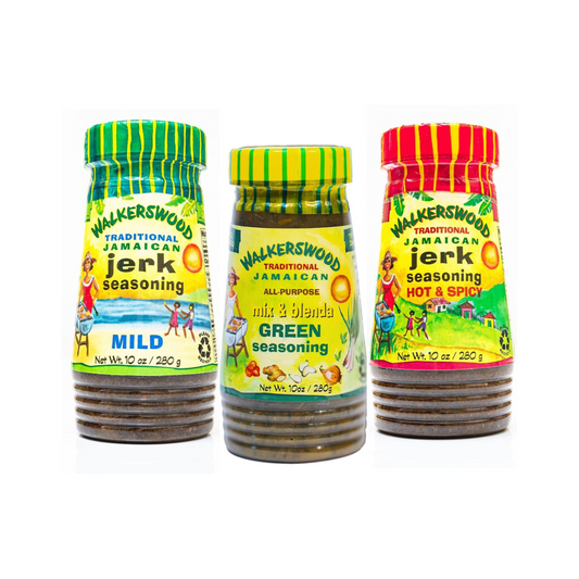 Walkerswood Jerk Seasoning Bundle- Mix and Blenda Green, Hot & Spicy and Mild Seasoning, 10 oz